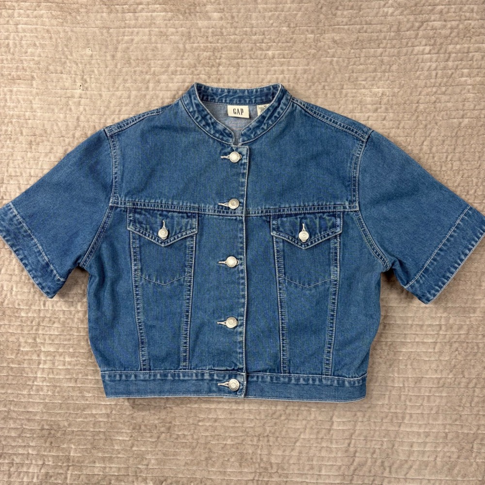 Vintage Gap Short Sleeve Denim Jacket Medium Wash Cropped Band Collar Womens M